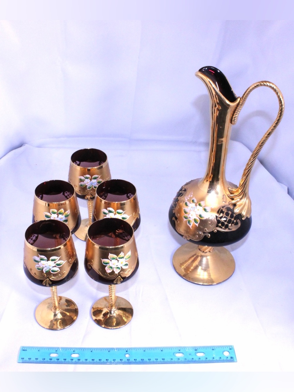 Vintage Murano Glass "Tre Fuochi" Ruby Red and 24k Gold Decanter Set - 6 piece
